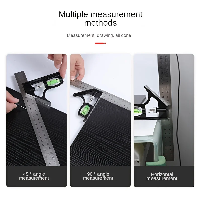 Adjustable Combination Right Angle Ruler 45/90 Degrees with Bubble Level Gauge, Multifunctional Measuring Tool, Measuring Ruler