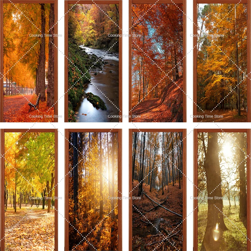 

Autumn Forest Theme 3D Door Sticker Tree Leaf Removable Self-Adhesive Door Wallpaper Peel and Stick Mural Decal for Home Decor