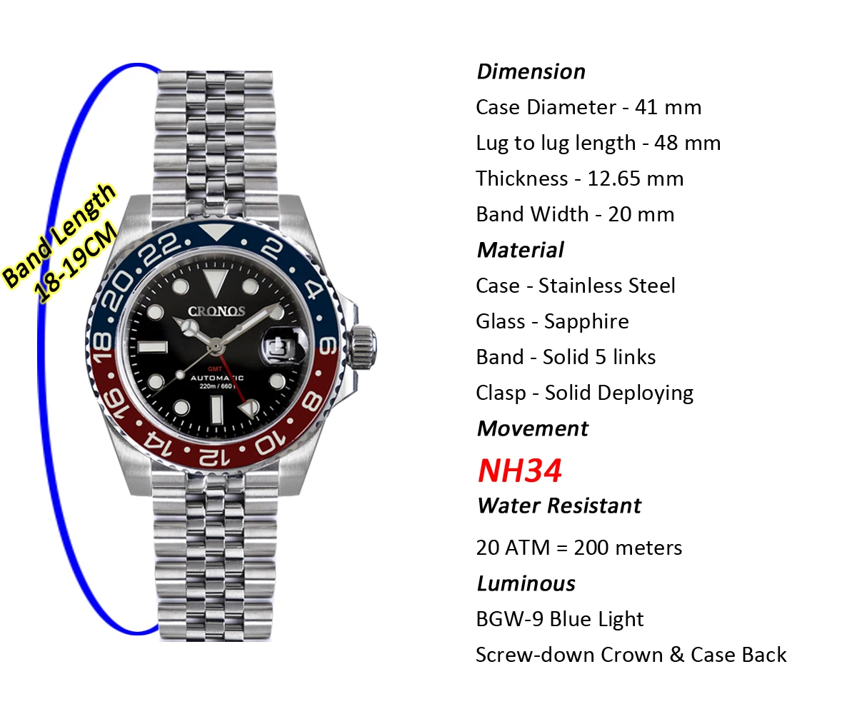 Imagem -06 - Cronos-gmt Relógio Mecânico Automático para Homens Solid Links Pulseira de Metal Bidirecional Bisel Sapphire Relógio de Pulso Nh34 41 mm