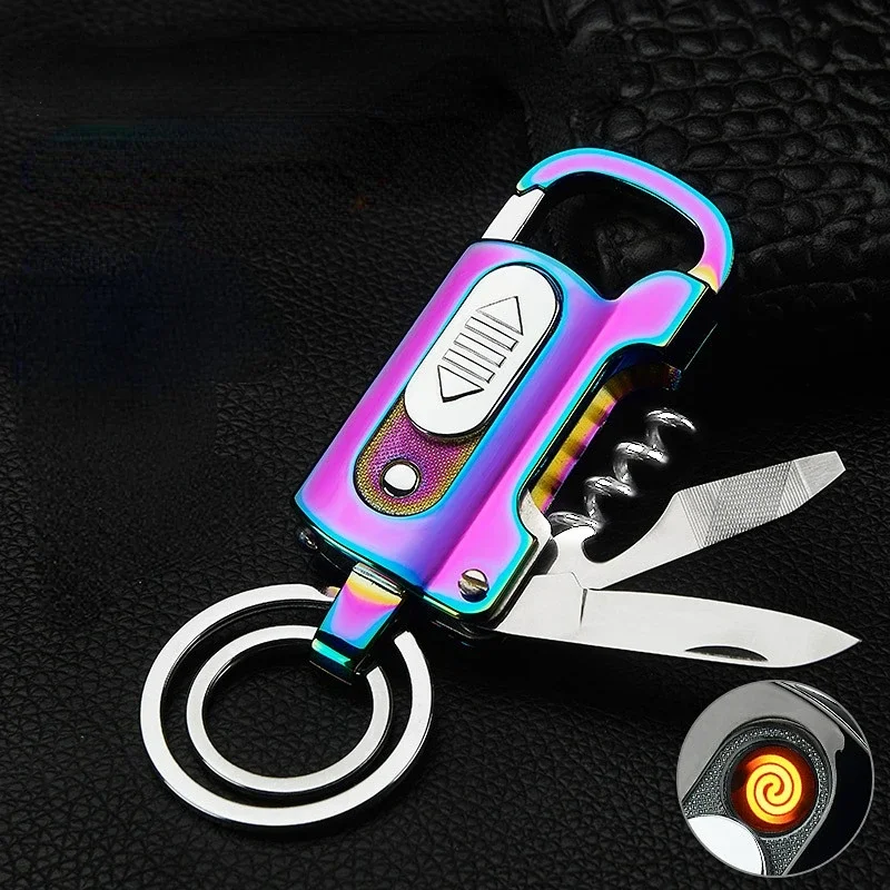 2024 Multifunctional Keychain Lighter USB Charging Cigarette Lighter Wine Opener Knife Flat Screwdriver Metal Windproof Lighter