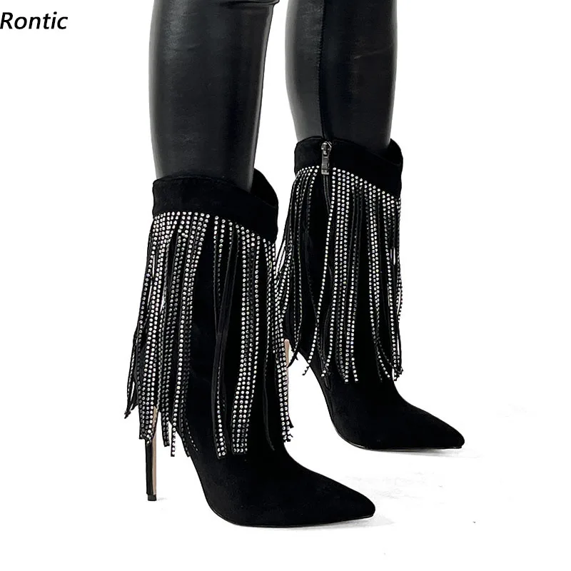 

Rontic Women Winter Ankle Boots Faux Suede Stiletto Heels Pointed Toe Elegant Black Night Club Shoes Ladies US Size 5-13