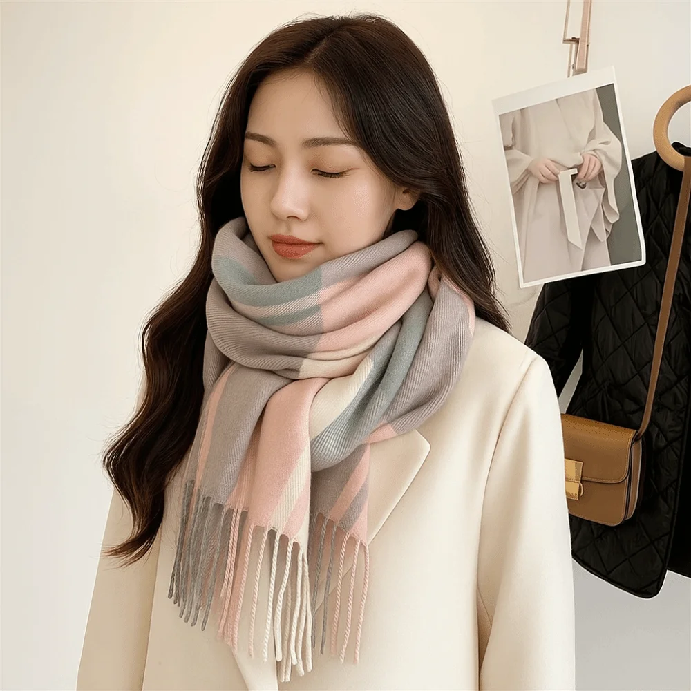 Casual Windproof Plaid Scarf Keep Warm Thick Imitation Cashmere Shawl Tassel Long Shawl Wrap Apparel Accessories