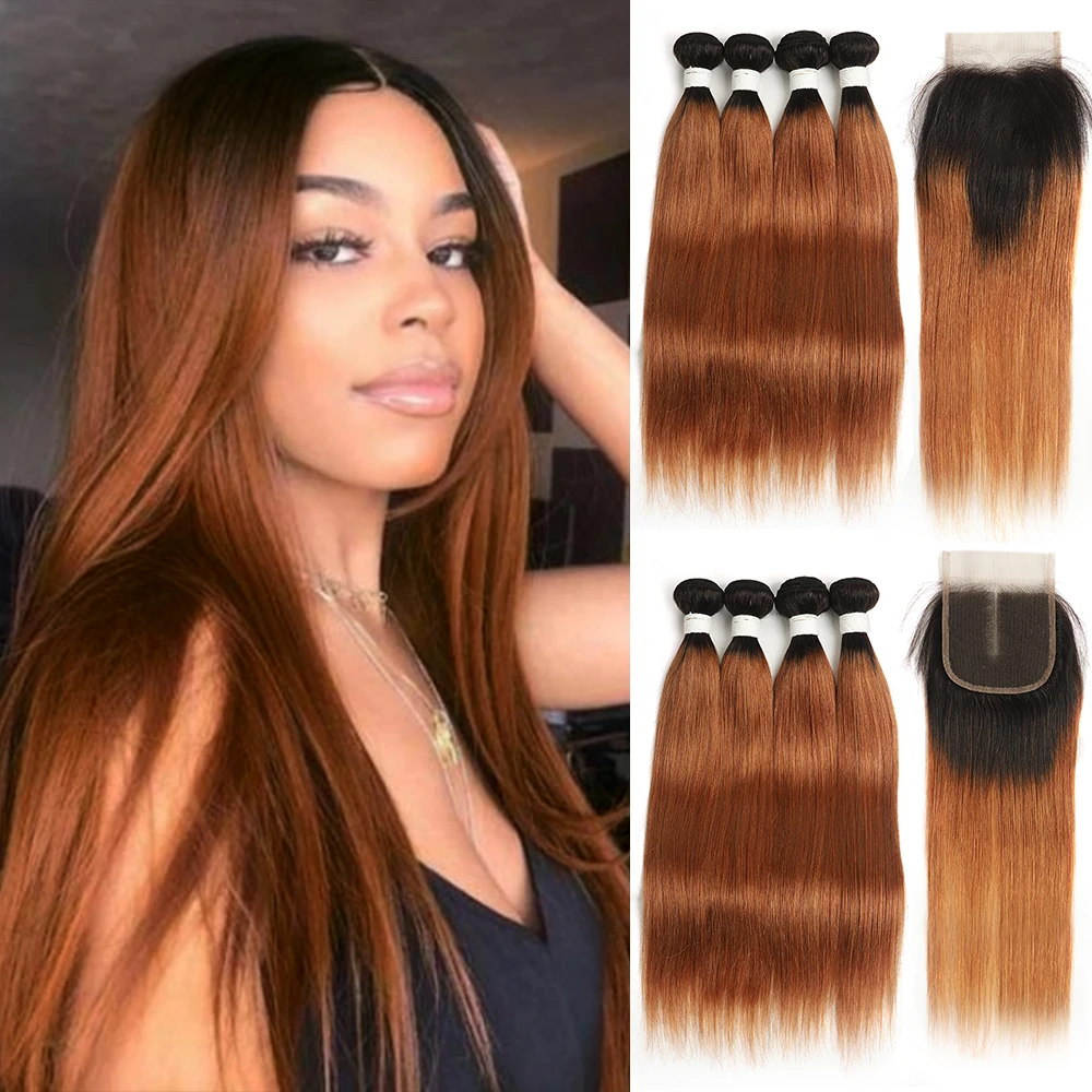 

Ombre Brown Straight Bundles With Closure T1B/30 Brazilian Human Hair Weave Bundles With Closure Remy Hair Weft Extension SOKU