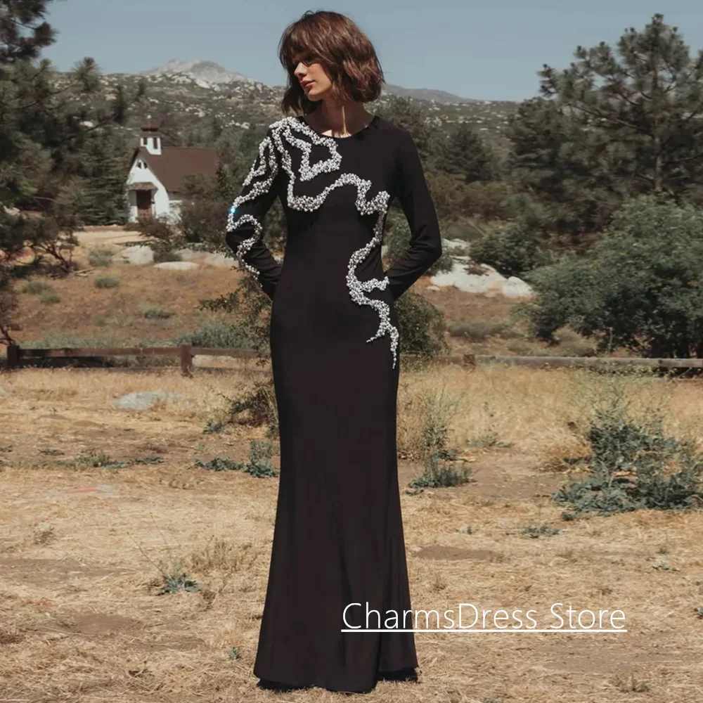 فستان سهرة متواضع بأكمام طويلة ورقبة على شكل حرف O مخصص لؤلؤ مطرز بالخرز في المملكة العربية السعودية فستان حفلات مناسبة رسمية