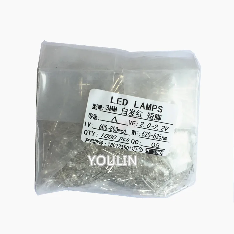 1000pcs F3 red hair red 3mm red green yellow blue orange indicator light direct inserted led light beads light emitting diode