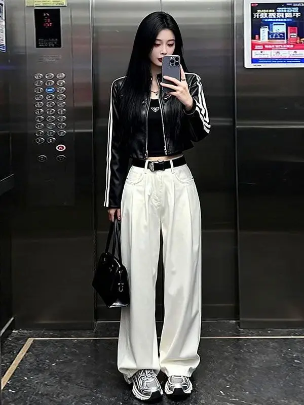 

Женский весенний модный повседневный костюм-двойка с широкими брюками и утепленной курткой, с высокой талией и застежкой-молнией