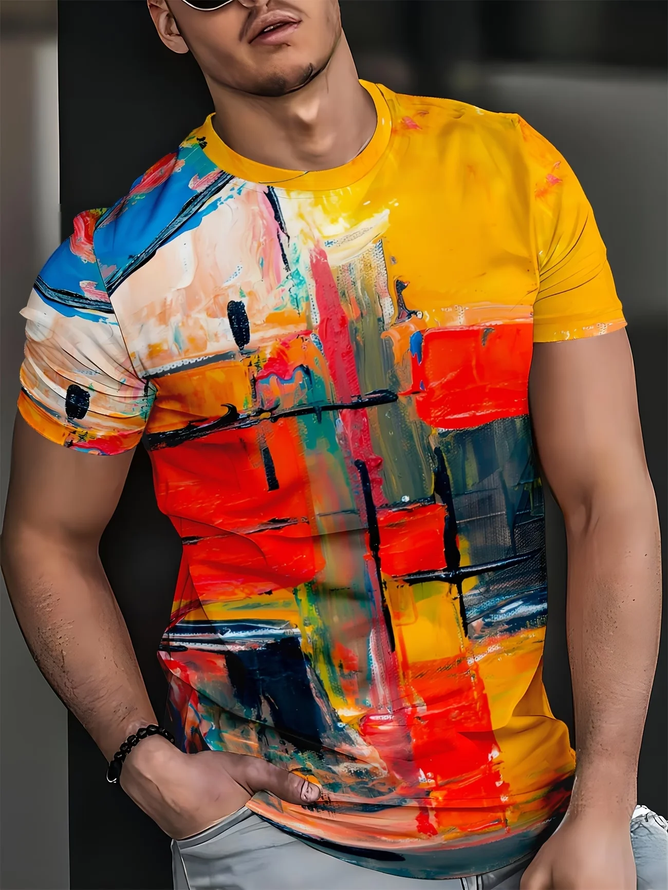 Herren-T-Shirt mit buntem Farbspritzer-Print, schnell trocknend, leicht, locker, kurzärmelig, Rundhalsausschnitt, für Outdoor, Straßensport, Freizeit-Oberteil – Detail 1