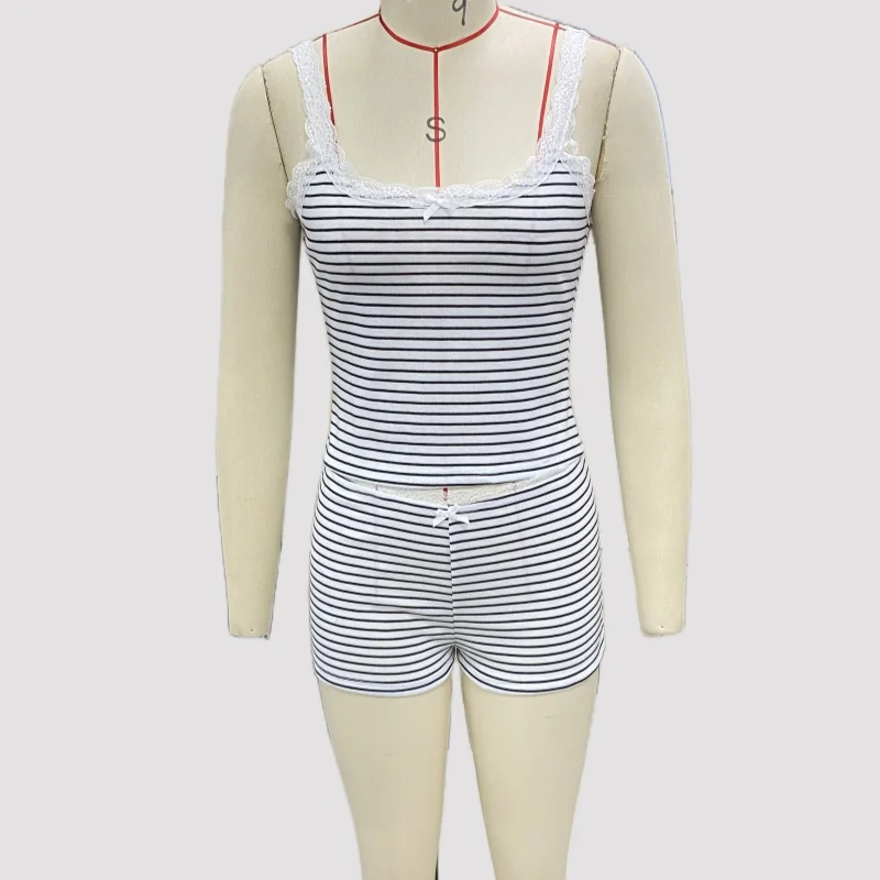 Y2Kレースストライプパジャマセット レディース 2ピース セクシーノースリーブキャミソールタンクトップとショートパンツ パジャマセット 上下セット ラウンジウェア 寝巻き