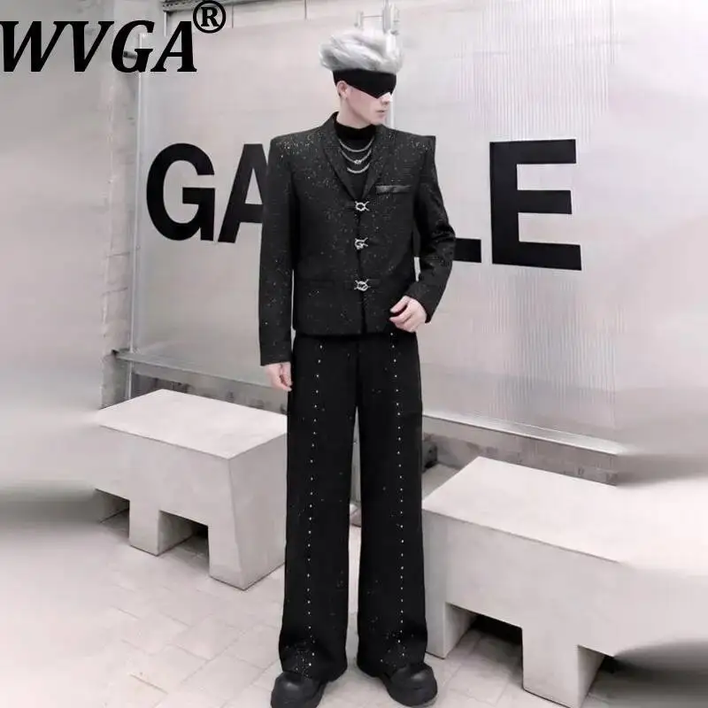 WVGA Spring Autumn New Men's Starry Metallic Buckle Trendy Short Blazer Shiny Stage Performance Suit Pants Two Pieces Set W26155
