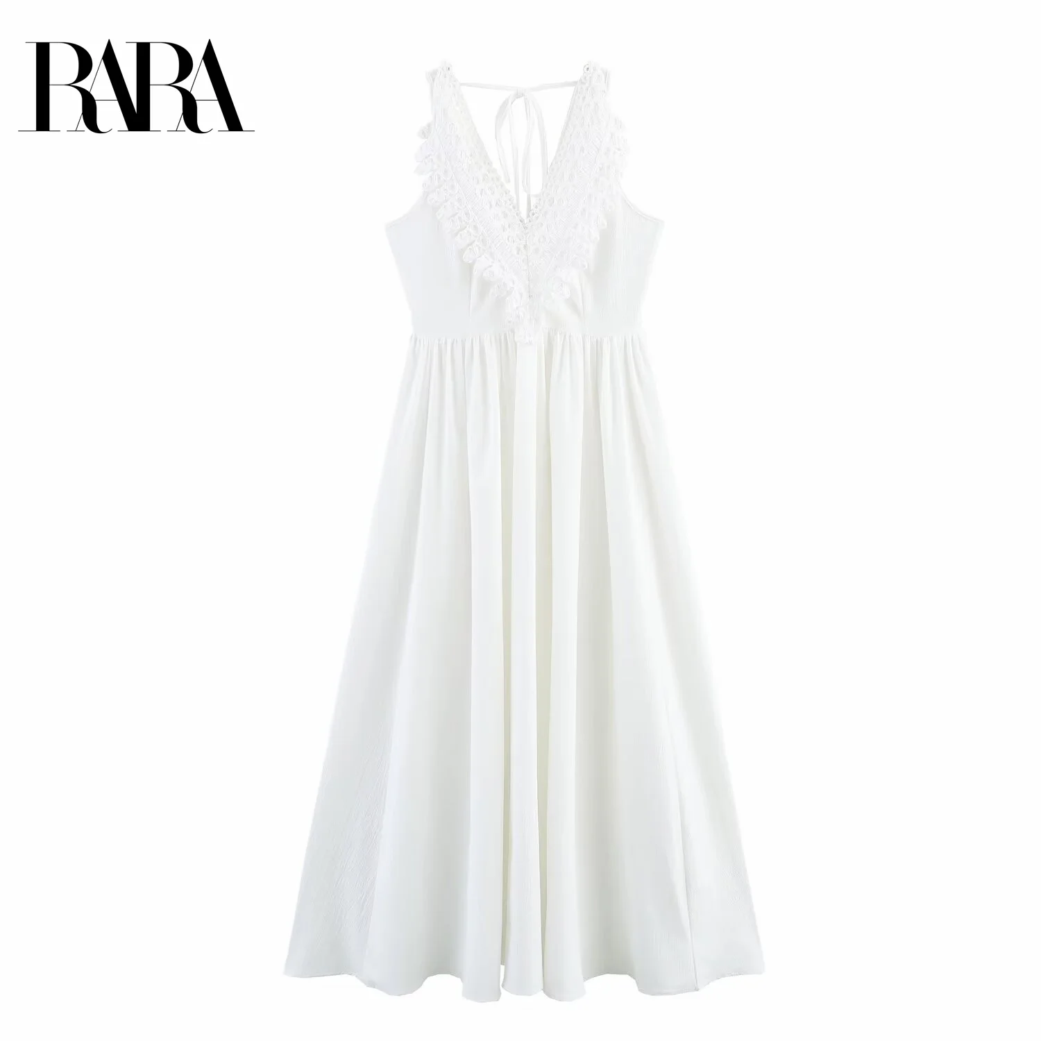 

RARA Womens Solid Color Elegant V Neck Sleeveless Vest Style Mid Length Dress with Knitted Hollow Out Lace Decoration