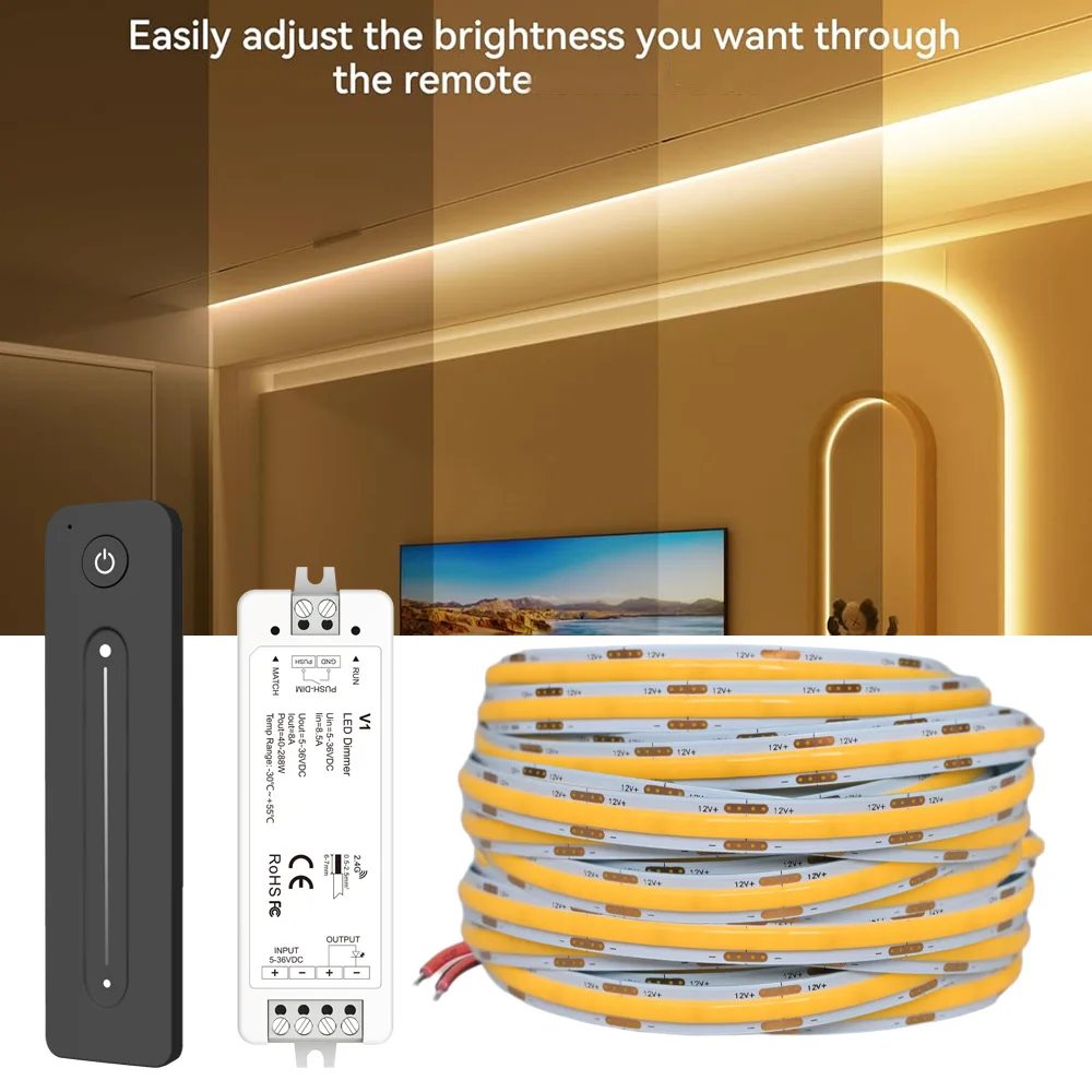 

5 м 10 м COB светодиодная лента 12 В теплый белый натуральный с регулируемой яркостью гибкий светильник для кабинета Декор 3000K 4000K 6000K 2,4G RF пульт дистанционного управления