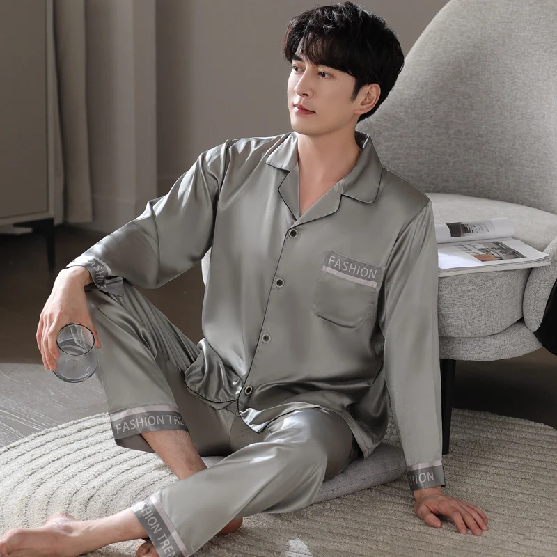 Spring and Autumn Men's Pajamas Long Sleeves Ice Silk Summer Thin Simulation Silk Grey Dad Cardigan Lapel Silk Loungewear Set