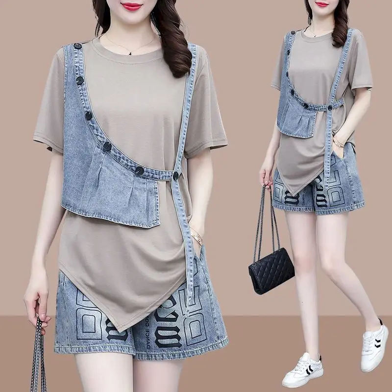 Summer Trend T-shirts Sets Women Irregular Patchwork Fake Two-piece T Shirt Fashion Design Tshirt and Denim Shorts 2 Piece Set