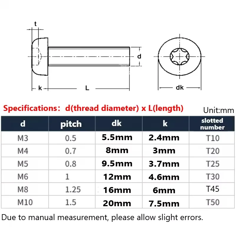 M3 M4 M5 M6 M8 M10 Black 304 Stainless Steel Six Lobe Bolt Six Lobe Torx Pan Round Head Bolt Screw