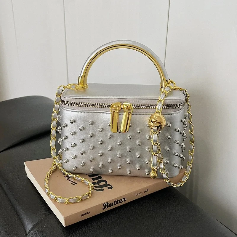 Luxury Women's Inlaid Pearls Chain Box Handbag Fashion Designer Makeup Bag High-end Party Evening Clutch Bag Crossbody Bag 4