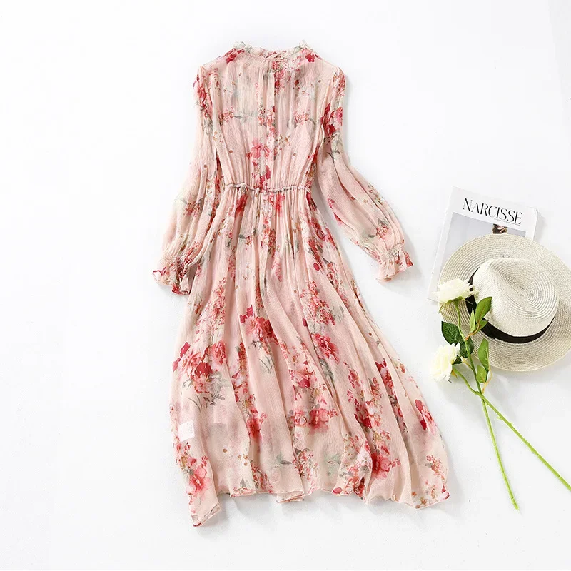 High Quality Summer Dress 2024 100% Silk Floral Dress Long Sleeve Dresses For Women Korean Fashion Two-piece Vestidos Pph5095