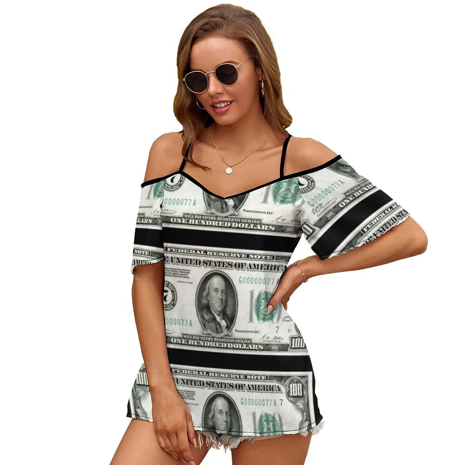 Old School 100 ( Hundred ) Dollar Bill Sexy And Club Fashion Female T-Shirt Short Sleeve Off Shoulder Lady T Shirts Money Hondo