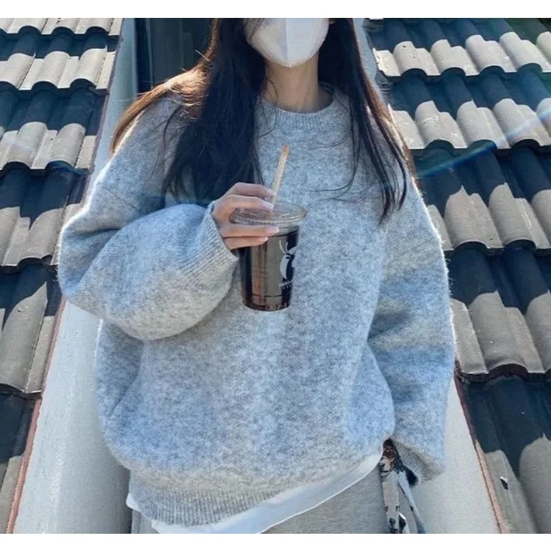 

Grey Sweater - Fall/Winter Loose Casual and Laid-back Style Thick Pullover Knitted Top