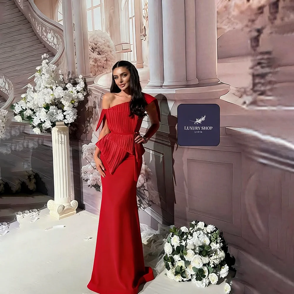 

Red Sleeveless Formal Party Dresses Customized Off The Shoulder Pleat Jersey Mermaid Floor Length Evening Gown Prom Dress