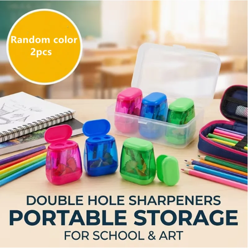 2-teiliges Doppelloch-Anspitzer-Set mit Aufbewahrungsbox, manueller Bleistiftspitzer, geeignet für Schulklassenzimmer und Kunstbedarf.