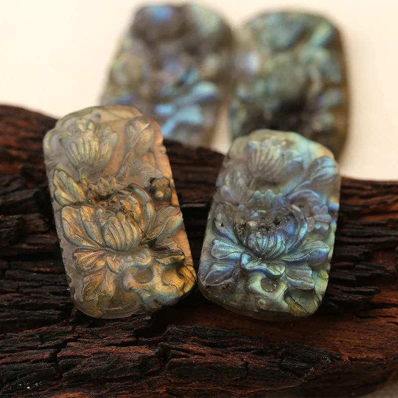 Natural Labradorite Flower Carving 32x19x6.5mm Pendant Bead Pairs 6g Flash Stone for Jewelry Making Earring Accessories