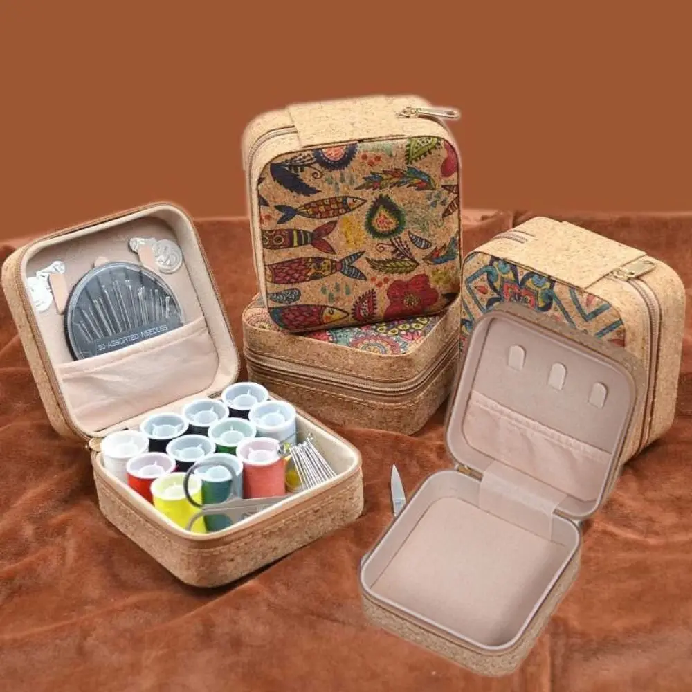 コルク木製ジュエリー収納ボックス正方形ジッパー化粧品ホルダーダブルボックスプリントリングイヤリングオーガナイザー