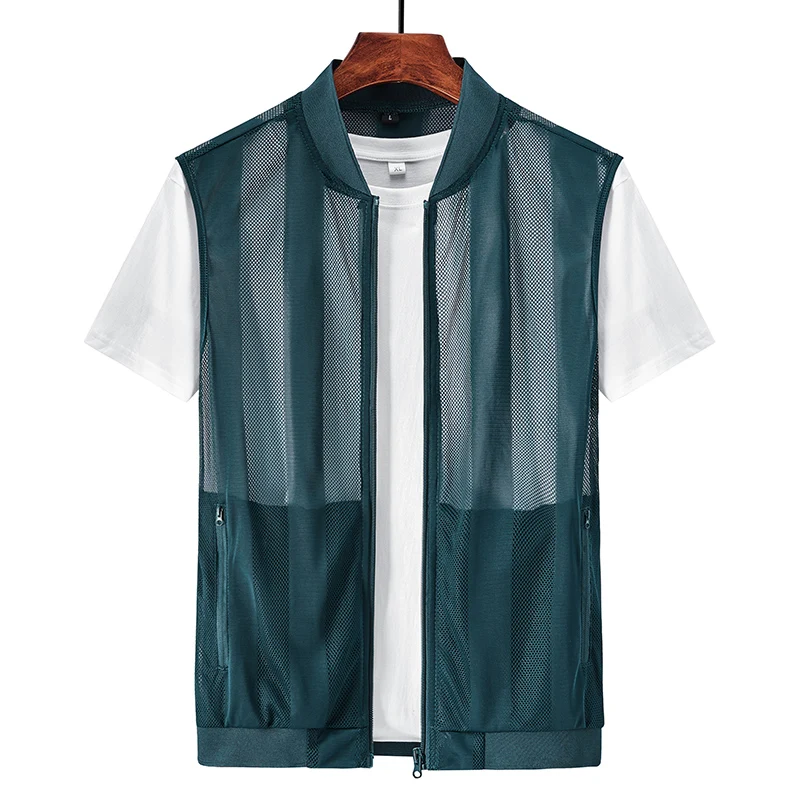 Simplicity Trend Summer Men's Solid Stand Collar Grid Mesh Pockets Zipper Breathable Casual All-match Loose Sleeveless Tank Tops