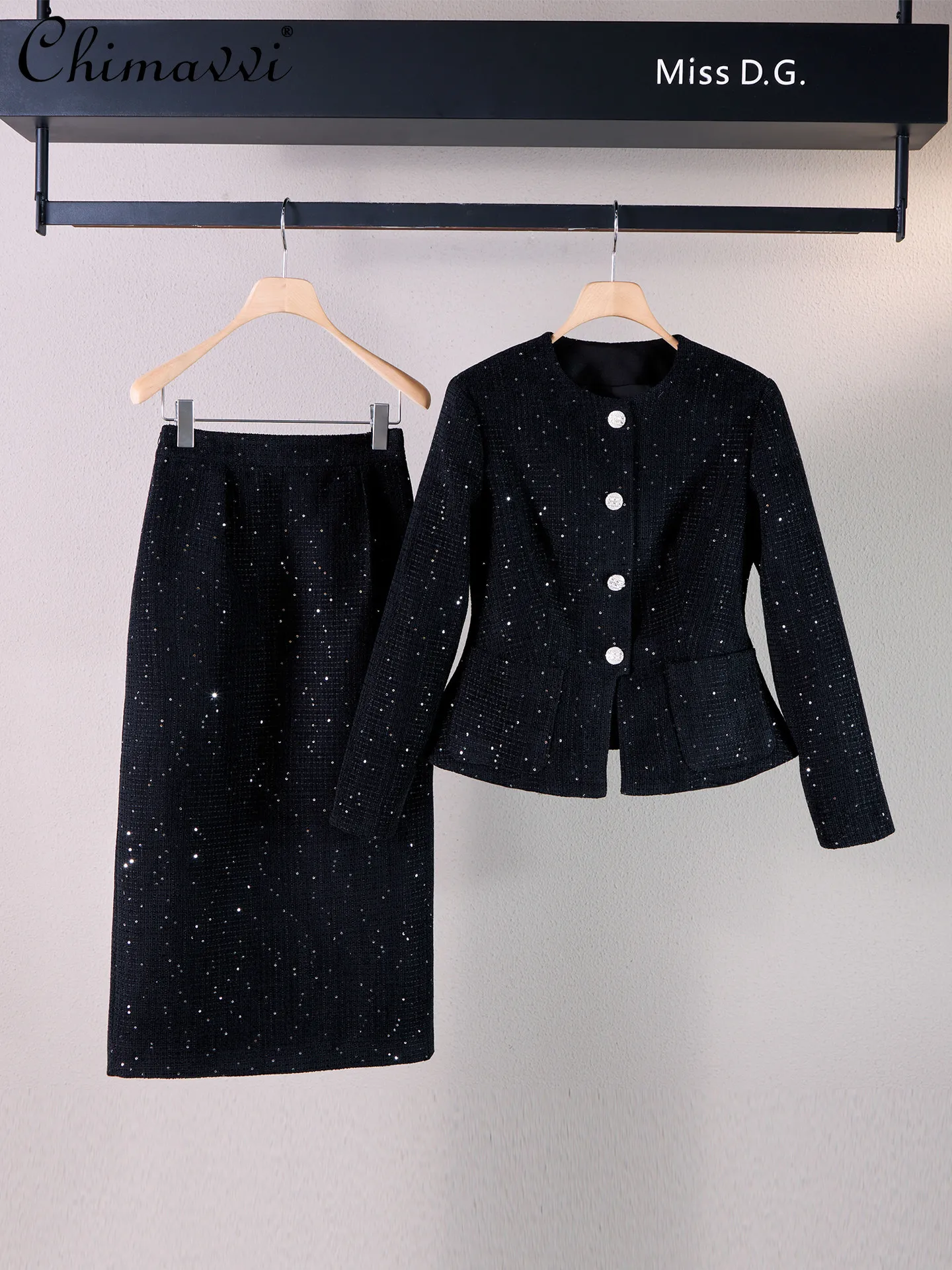 

French Elegant Temperament Round Neck Single-breasted Long-sleeved Jacket High Waist Slim Fit Long Skirt Two-piece Set for Women