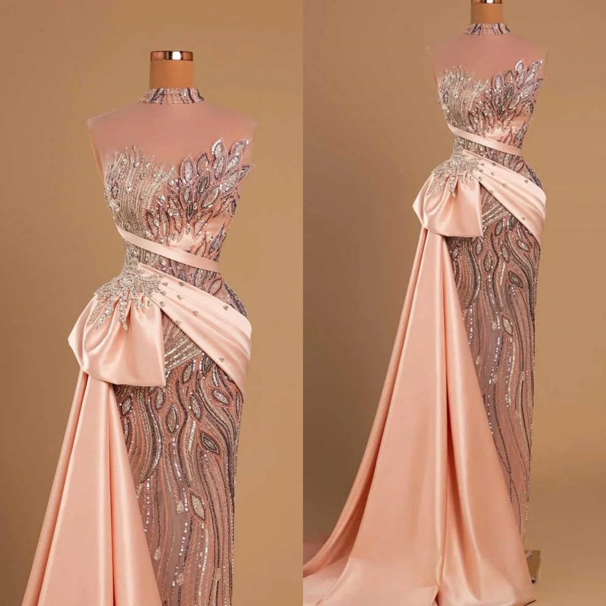

Elegant Sequins Evening Dresses High Neck Sleeveless Prom Dresses Crystals Beading Party Mermaid Gowns Customized