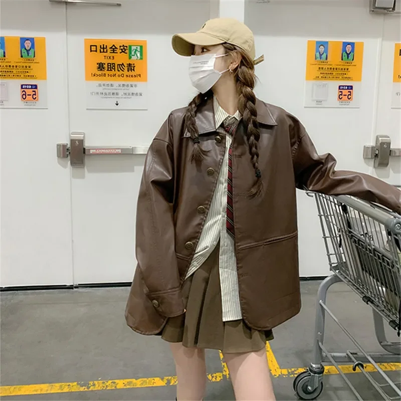 Korean Vintage Brown Faux Leather Coat Women Loose Casual Lapel Single-Breasted Long Sleeve Spring Autumn Female Pu Biker Jacket