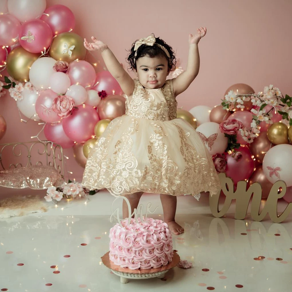 

Gold Ball Gown Flower Girl Dresses Appliqued Toddler Baby Kids Photo Shoot Birthday Party Gowns Children Wedding Guest Dresses