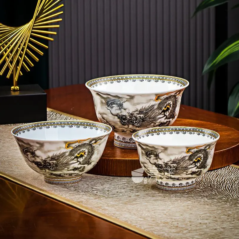 

Chinese bone china household rice bowl Jingdezhen ceramic dragon pattern bowl single tall leg drinking porridge tall bowl
