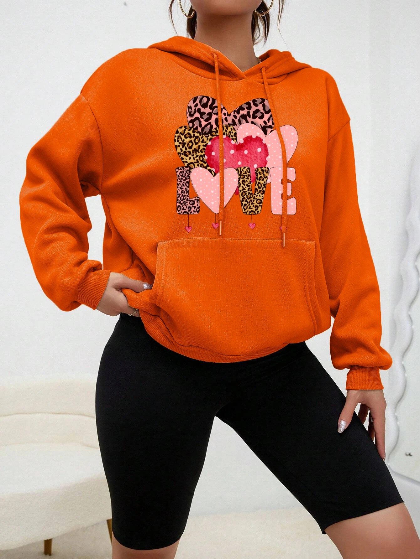 Leopard Print Love Creative Combination Design Women Streetwear Personality Fleece Hoody Creativity Fashion Clothes New Pullover