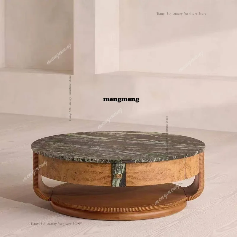 

Medieval style solid wood green marble round coffee table French retro high-end sense home living room tea table coffee table