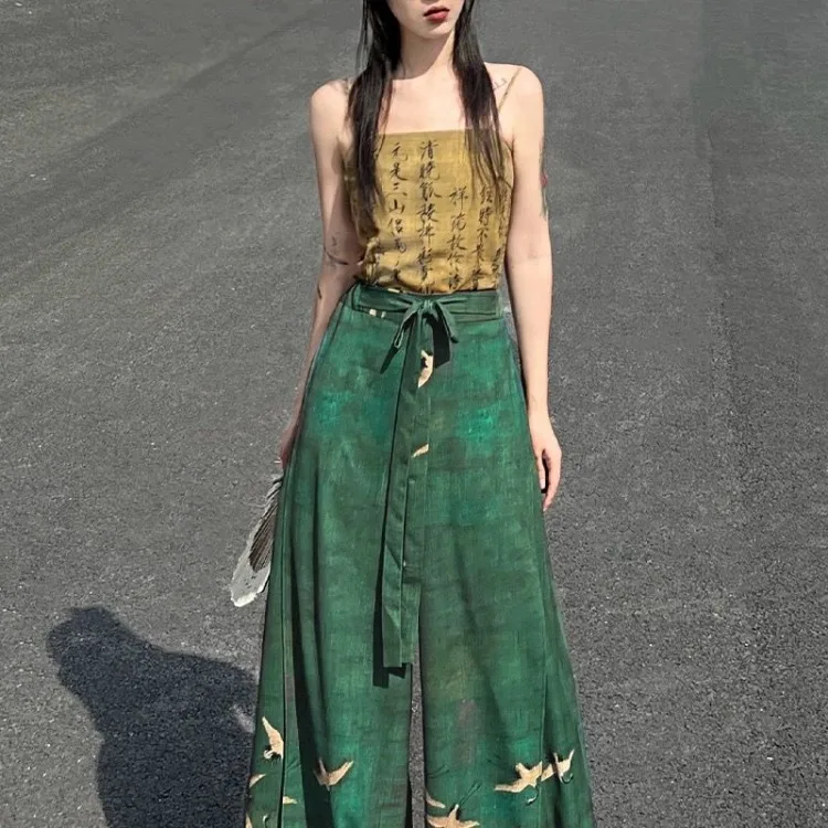 New Chinese Style Slim Fit Strapless Camisole Vest for Women+ High Waist Loose Shorts Skirts 2025 Summer  Two Piece Sets