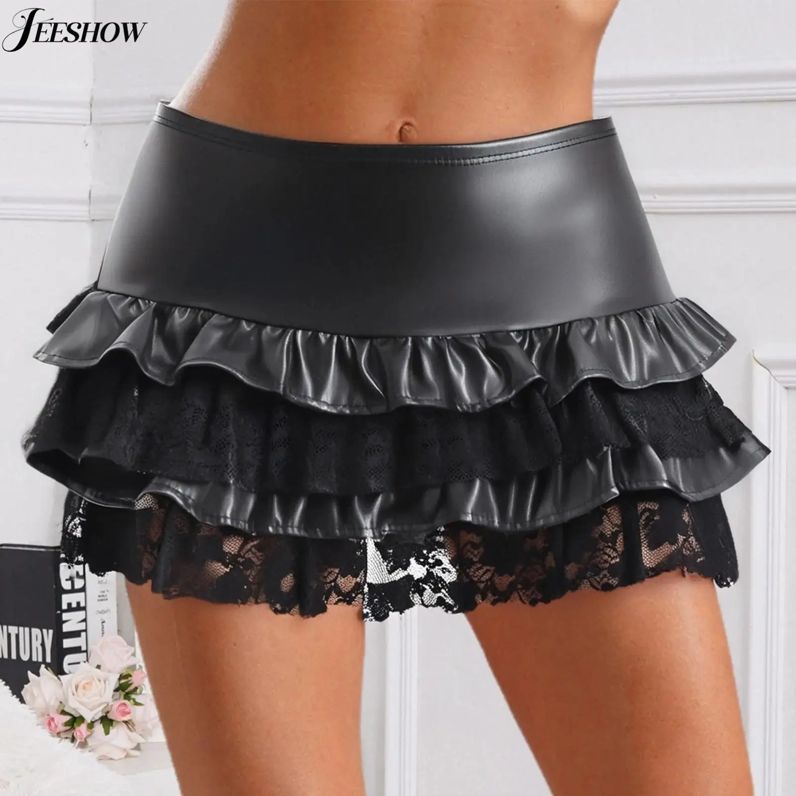 

Womens Gothic Punk Tiered Ruffled Mini Skirt Floral Lace Patchwork Layered Micro Skirt Festival Carnival Y2K Miniskirts Clubwear