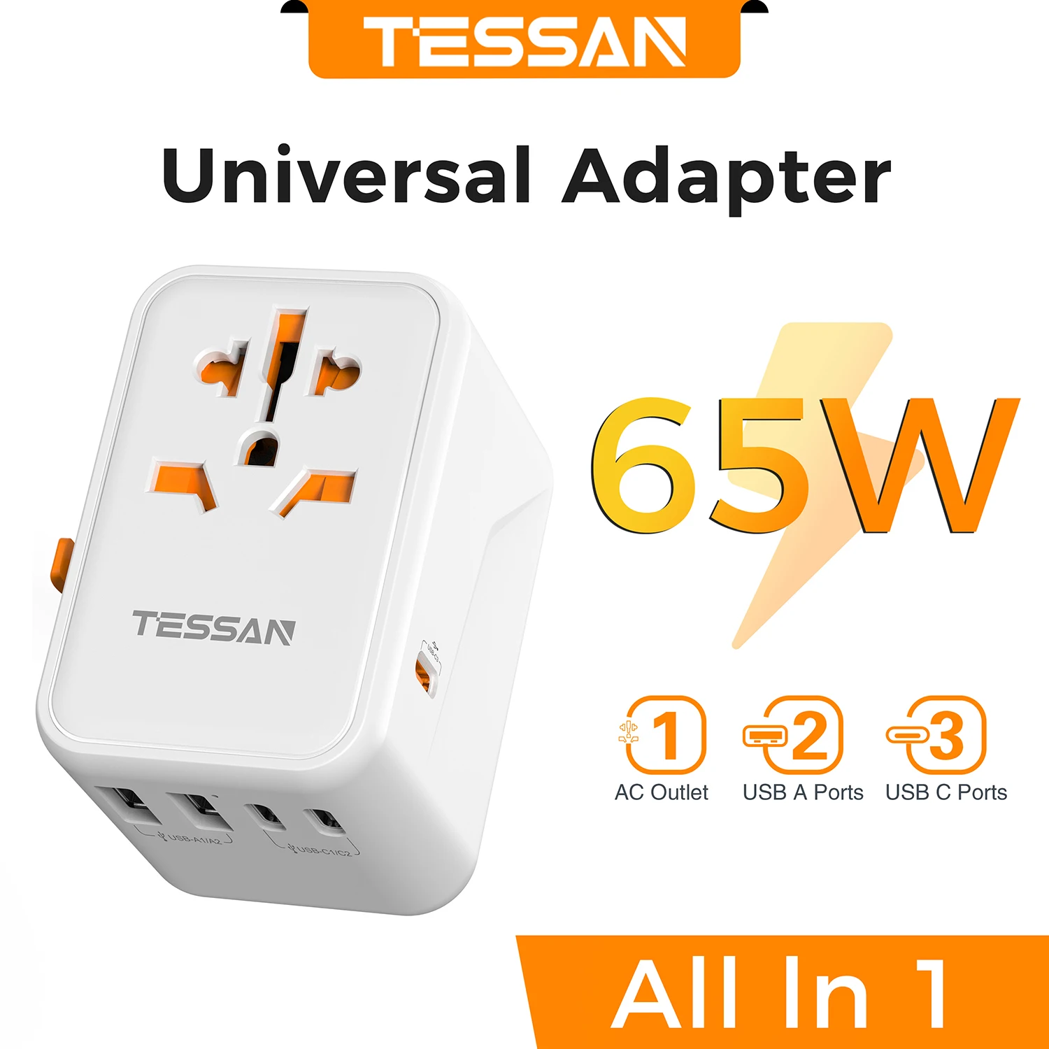 TESSAN Universele reisadapter met USB-poort en Type C, wereldwijde stroomadapter EU/UK/USA/AUS-stekker voor internationale reizen