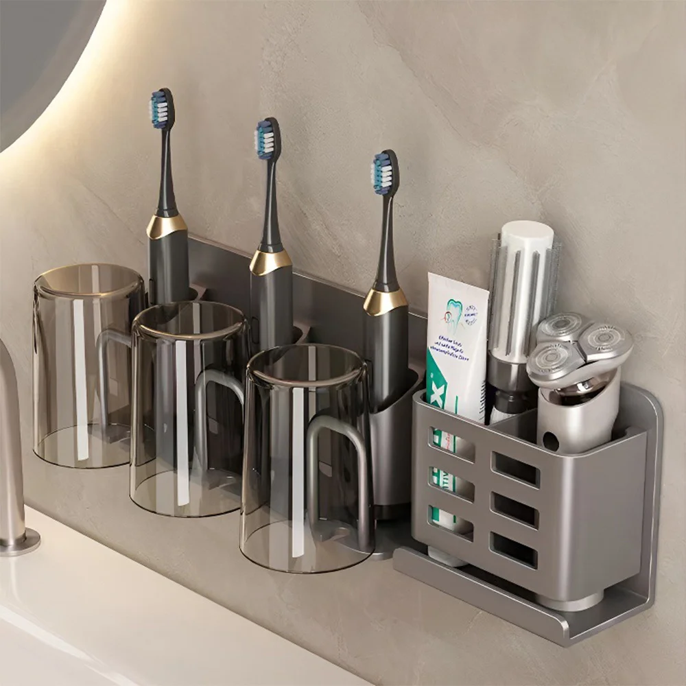 1 set di porta spazzolini da denti, organizer da bagno da fissare a parete senza bisogno di forare, colore grigio antracite, scaffale per il riponimento di dentifricio per 3 persone.