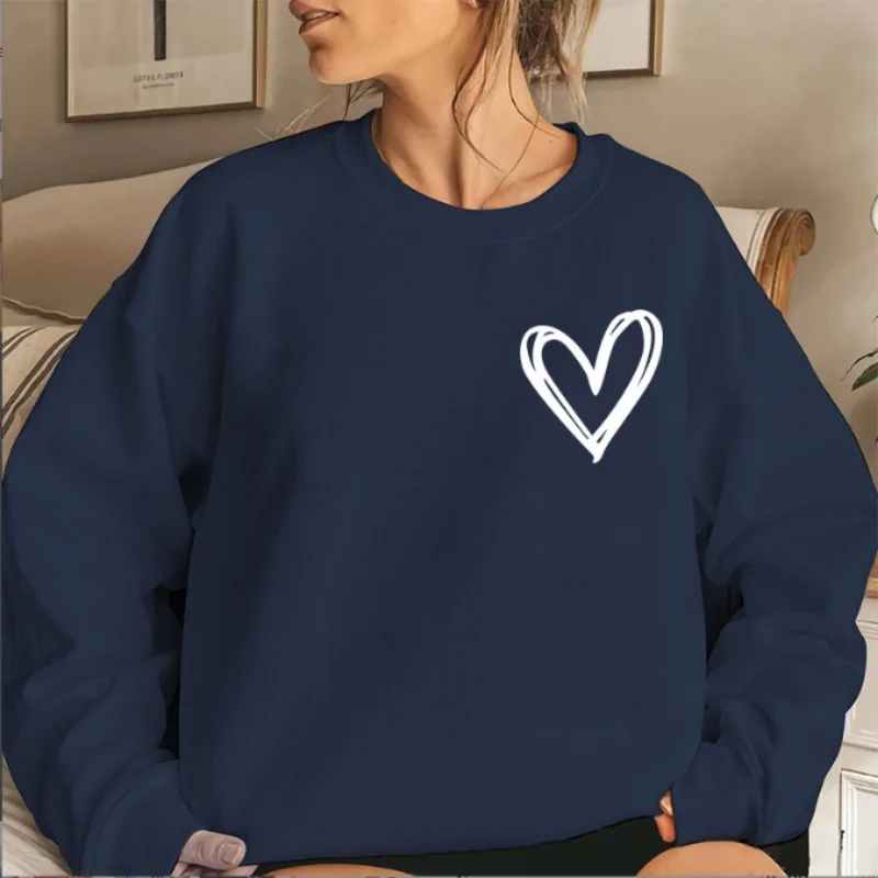 2025 Women's Spring New Simple Heart-Shaped 3D Printed Crew-Neck Hoodie, Daily Casual Fashion With Loose Crew-Neck Hoodie