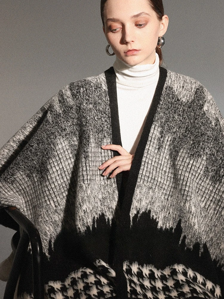 USPOP 2025 Otoño Invierno negro pata de gallo chal capa para mujer 710g grueso de gran tamaño borla envoltura bufanda de dos vías