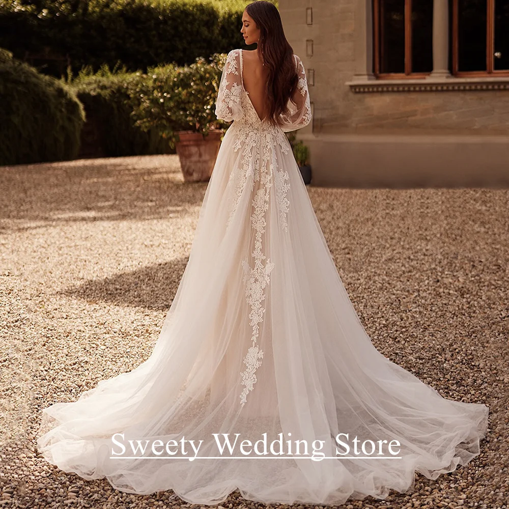 Romantisches Hochzeitskleid für Damen, maßgeschneidert, Puffärmel, V-Ausschnitt, Applikation, offener Rücken, Sweep-Zug, Robe de Mariage, Brautkleid