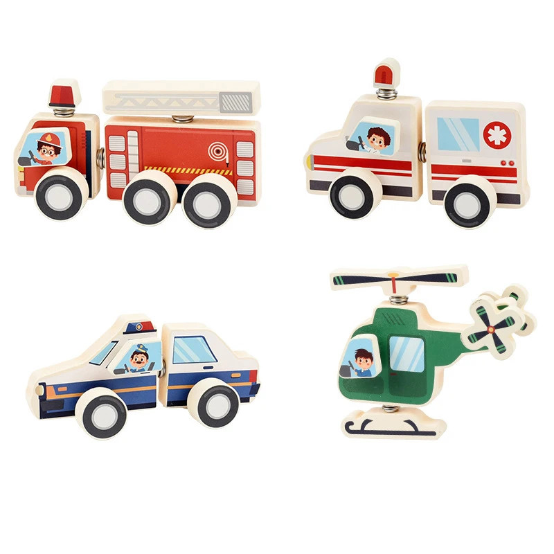 Traffic Vehicle Buckle Style Assembly Blocks, Wooden 3D Puzzle,  Fire Truck, Ambulance, Police Car, Helicopter Puzzle, As Gift