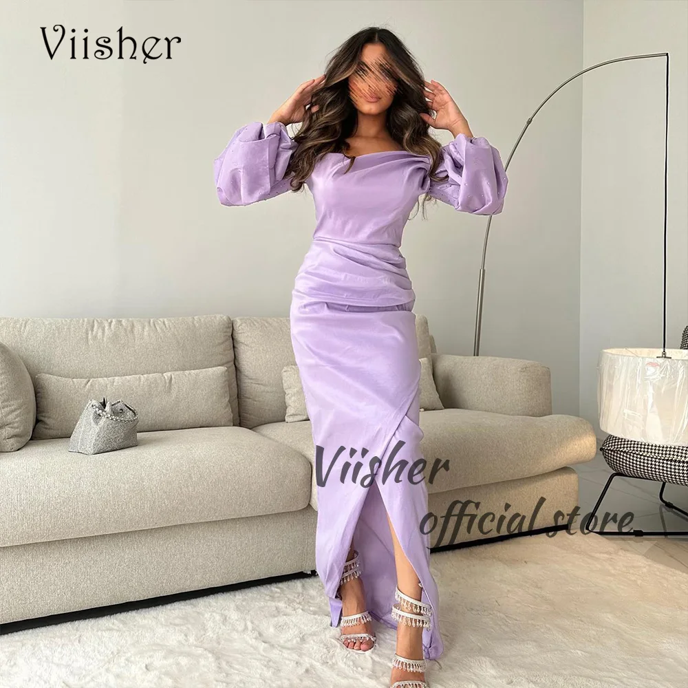 

Viisher Lavender Mermaid Evening Dresses with Slit Beads Satin Long Formal Dress with Slit Dubai Arabic Prom Party Gowns