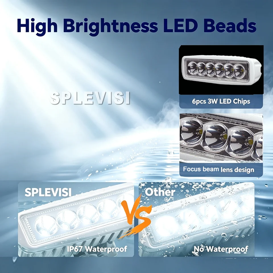 Waterproof Boat Lights, 18W LED Spreader Light 1320LM Focus Beam, 6.3in Deck Dock Marine Led Lights Bar, 2Pack , White Housing