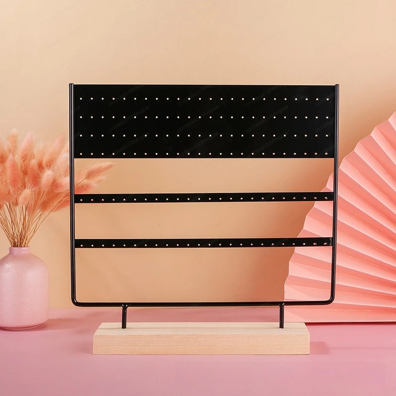 Removable Wood Base Stud Earrings Display Stand 144 Holes Earring Storage Rack Desktop Wrought Iron Hanger