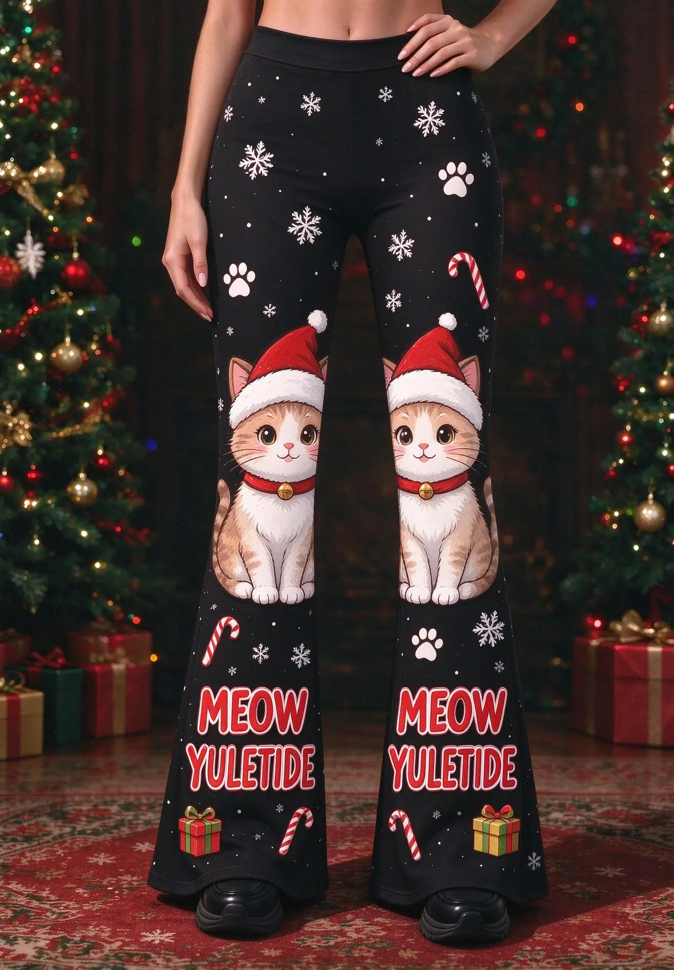 Women Mid Rise Skinny Flare Pants Christmas Santa HOHO Print Red Plaid Stretch Bell Bottom Trousers Holiday Party Outfit