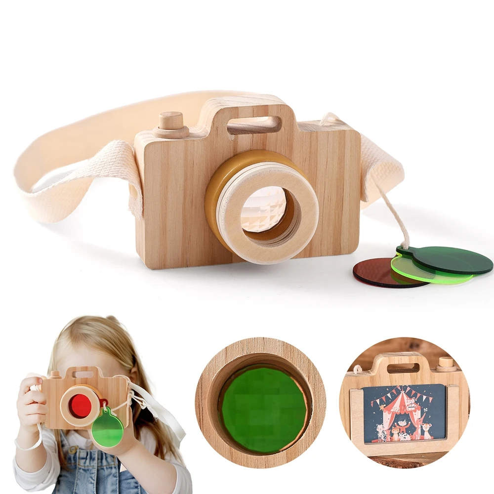 

Wooden Cartoon Camera Toy Baby Photography Accessories The Kaleidoscope Camera toy Includes Cards. Kid Curiosity Exploration Toy