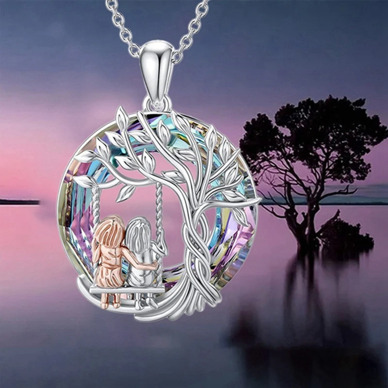 Fashion Tree Of Life Sisters On The Swing Necklace For Women Multicolor Crystal Pendant Jewelry Gift For Friend Birthday