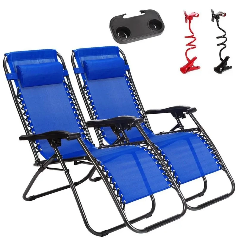 2pcs Zero Gravity Lounge Beach Chairs with Utility Tray Folding Outdoor Recliner Black