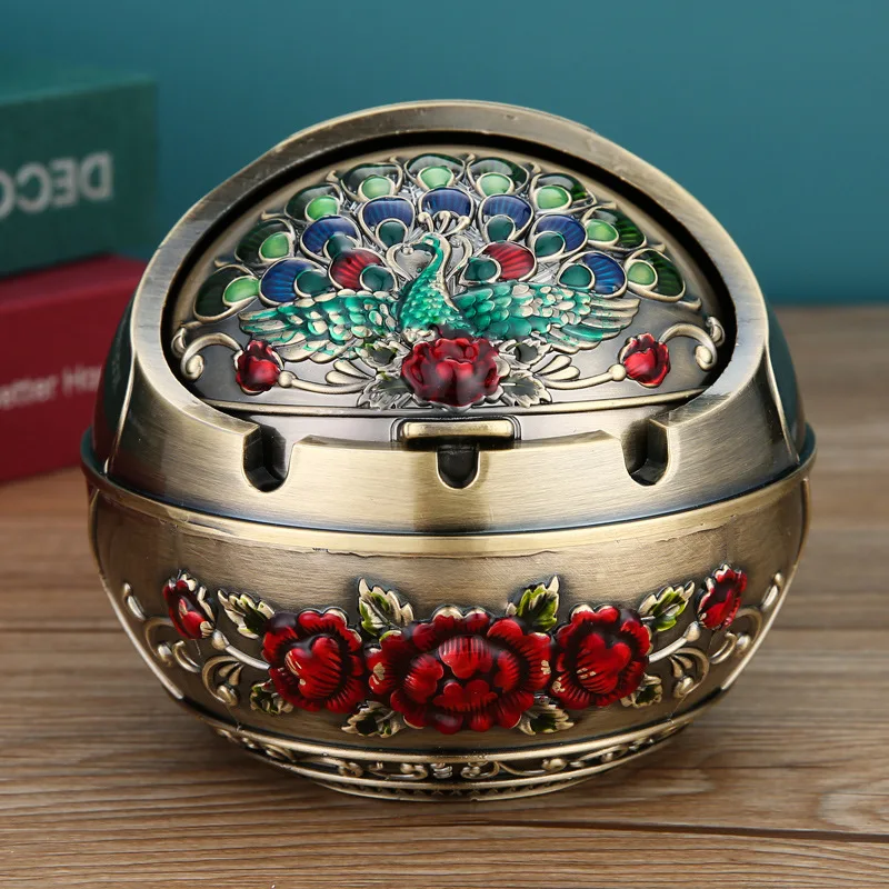 Dragon Phoenix Peacock Pattern Ashtray with Lid  Anti Flying Ash & Odor Proof Household Living Room Creative Trendy Ornament